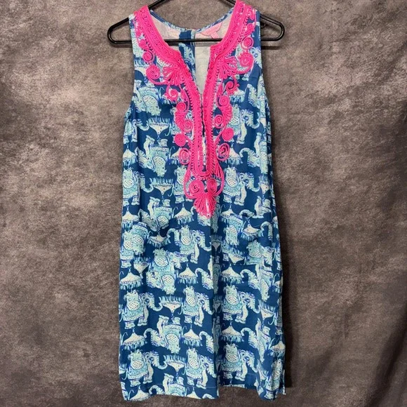 Lilly Pulitzer Carlotta Shift Dress Size 2 Joy Ride Elephant Print Embroidered - Picture 1 of 13